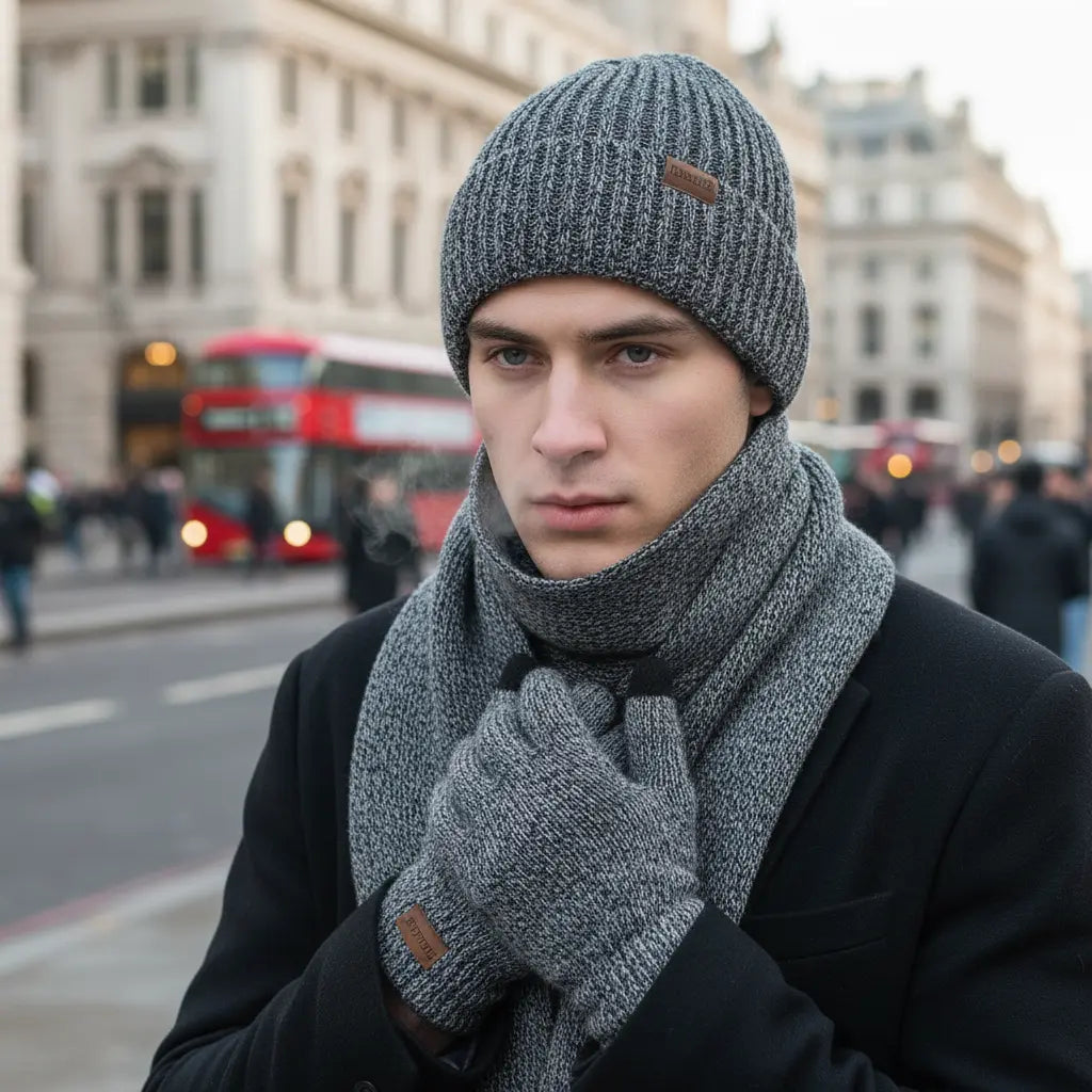 MunaWear - Hats, Scarves & Gloves Sets - Caden - Cozy Men's Winter Set With Hat, Scarf, And Gloves For Casual Outings And Daily Commutes - Gray