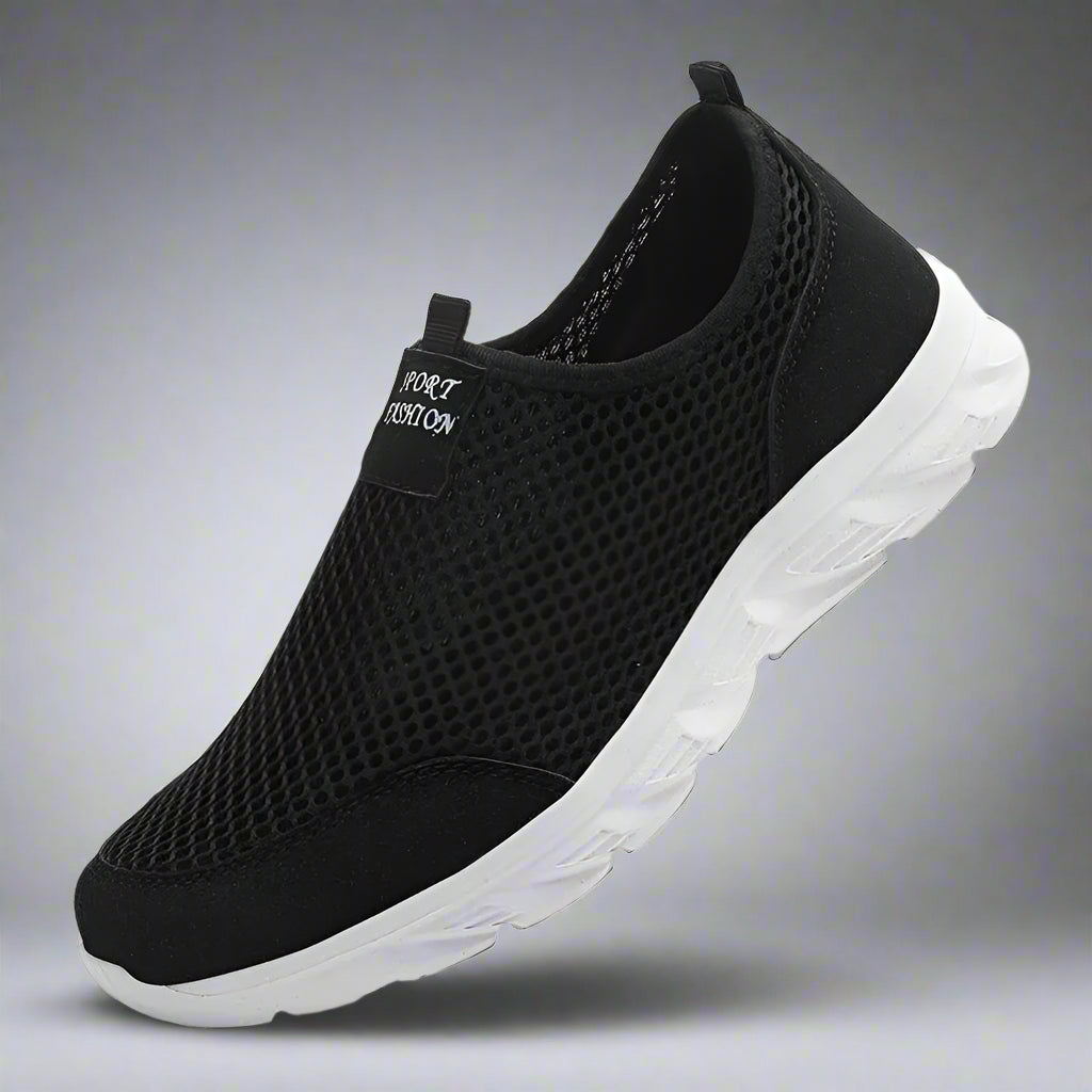 MunaWear  Hiking Shoes  Ethan – Breathable Lightweight Mesh Slip-On Men's Trainers for Summer Hiking and Casual Wear  Black-white-42-26.0CM