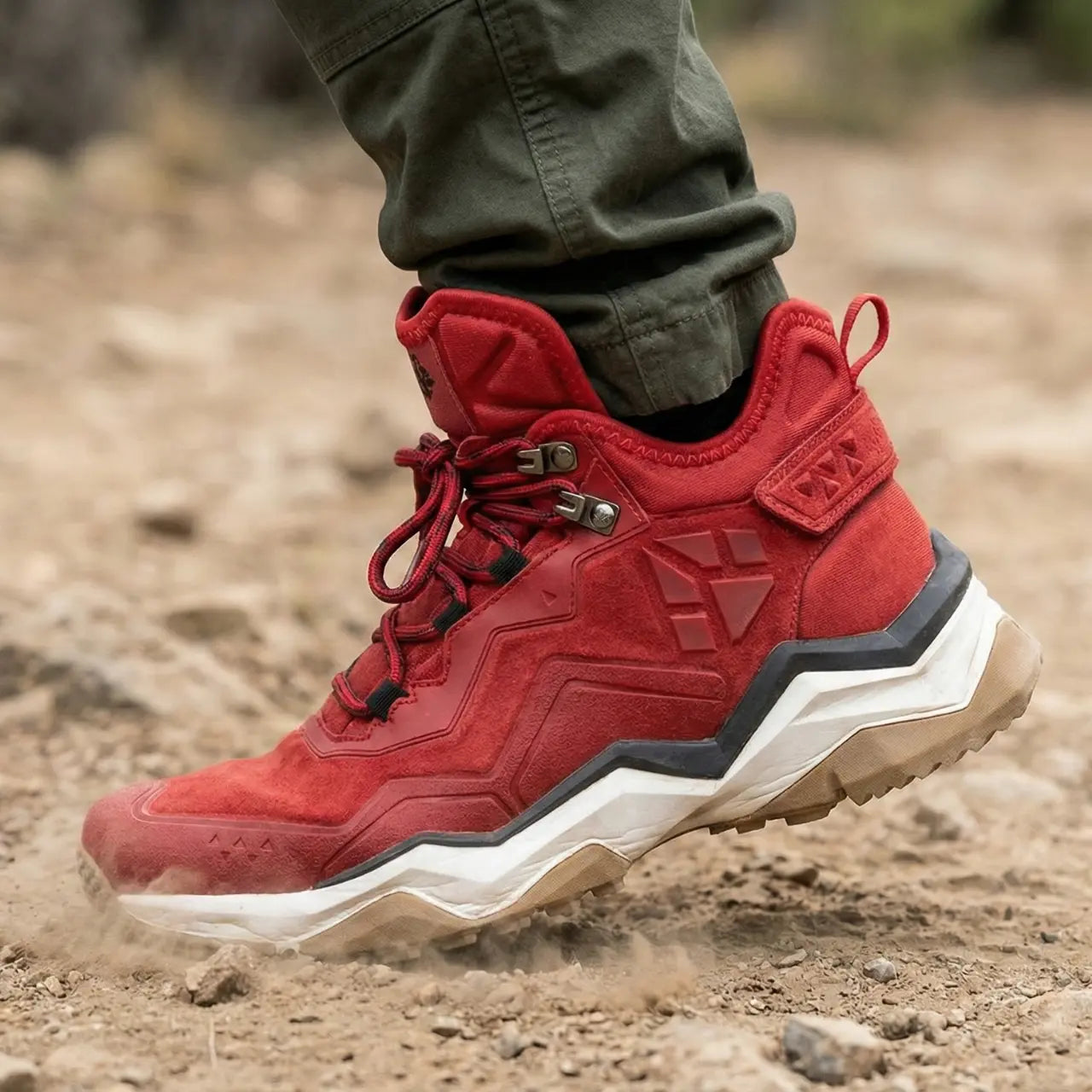 MunaWear - Hiking Shoes - Vare – Mid-Top Waterproof Hiking Shoes With Leather Design For Outdoor Adventures - Red