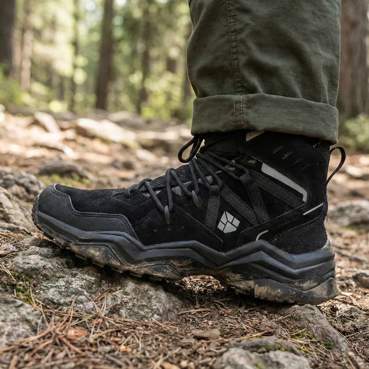 MunaWear - Hiking Shoes - Velion – Mid-Top Waterproof Hiking Shoes with Leather Design for Outdoor Adventures - Black / 47