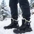 MunaWear - Hiking Shoes - Velion – Mid-Top Waterproof Hiking Shoes with Leather Design for Outdoor Adventures - Black Lined / 47