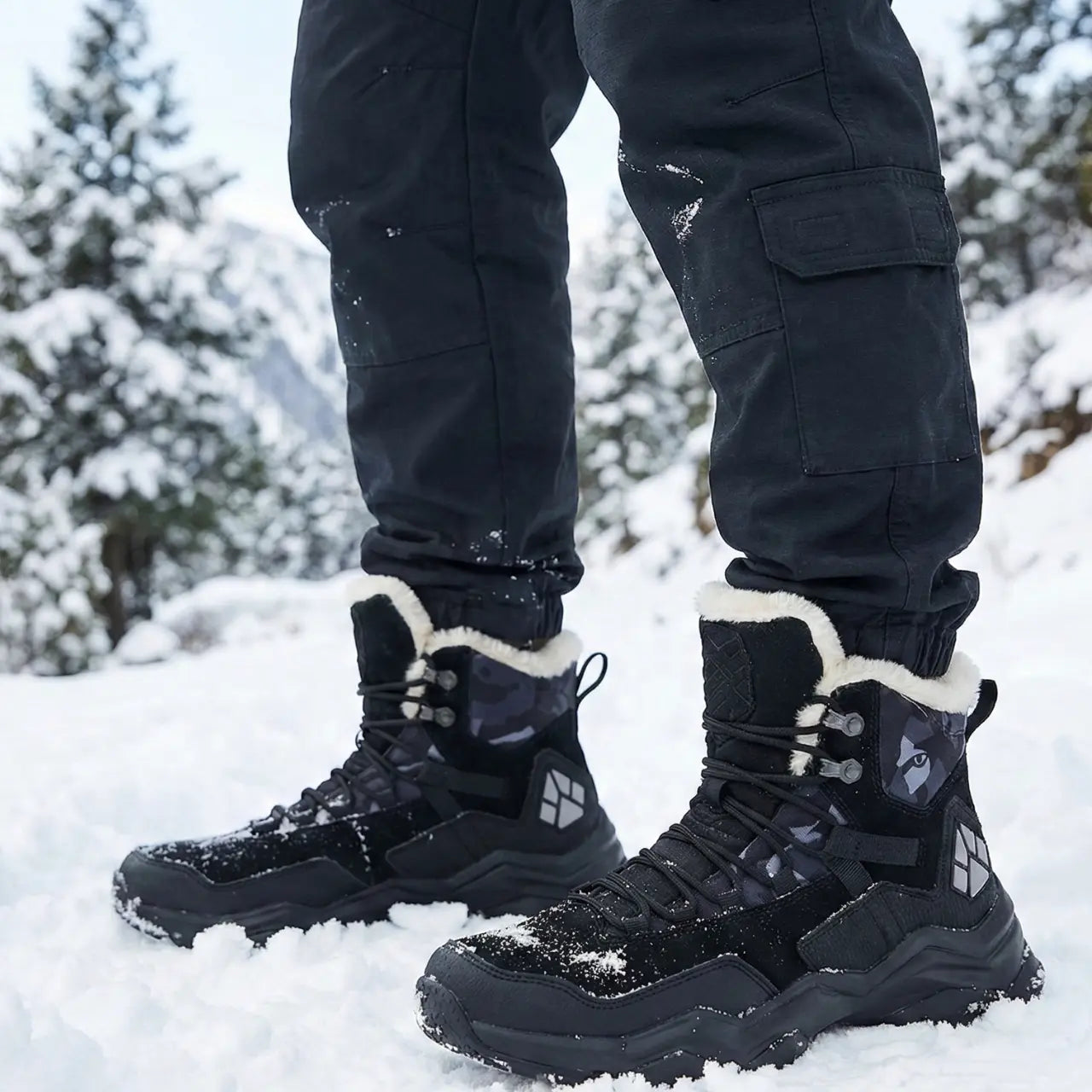 MunaWear - Hiking Shoes - Velion – Mid-Top Waterproof Hiking Shoes with Leather Design for Outdoor Adventures - Black Lined / 47