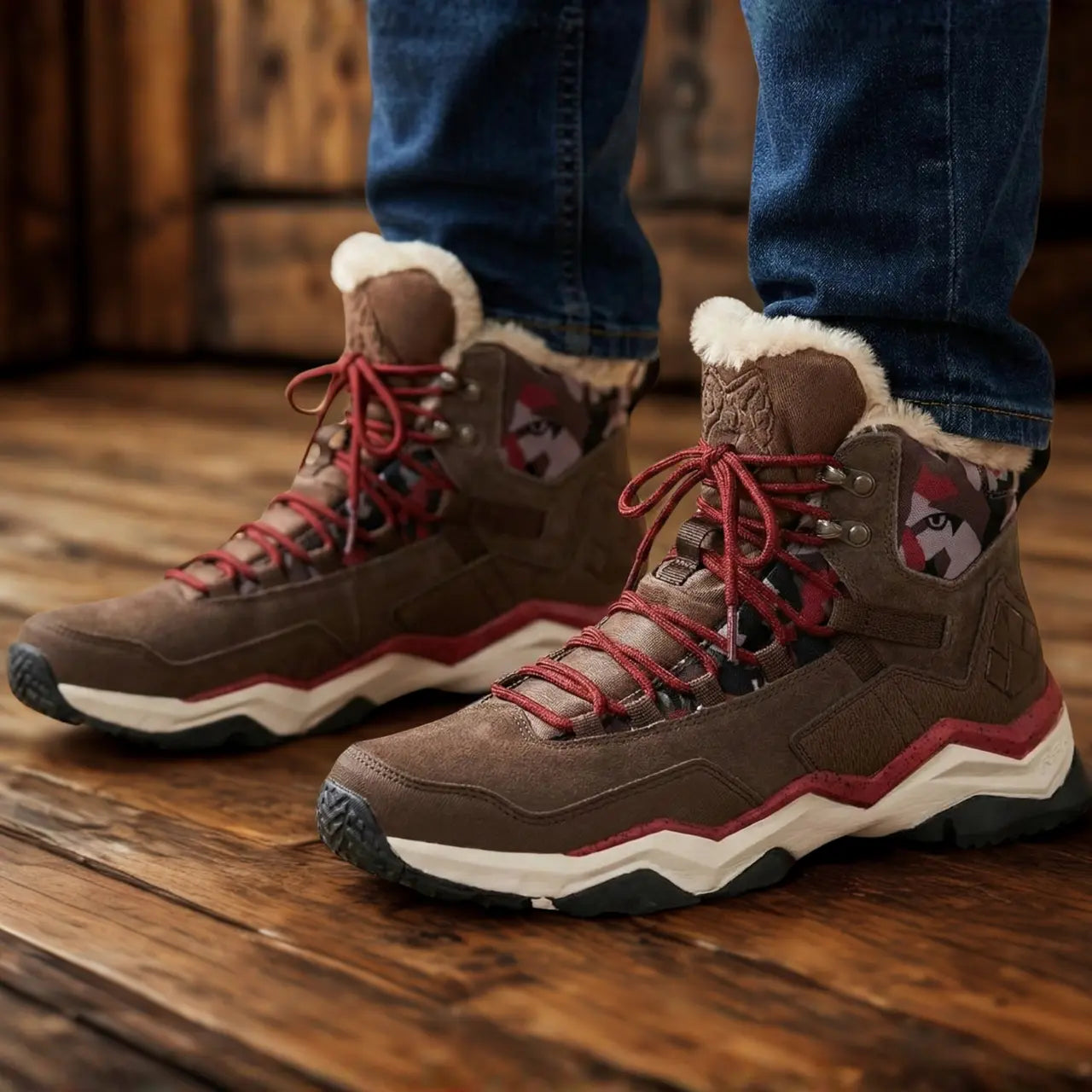 MunaWear - Hiking Shoes - Velion – Mid-Top Waterproof Hiking Shoes with Leather Design for Outdoor Adventures - Brown Lined / 47