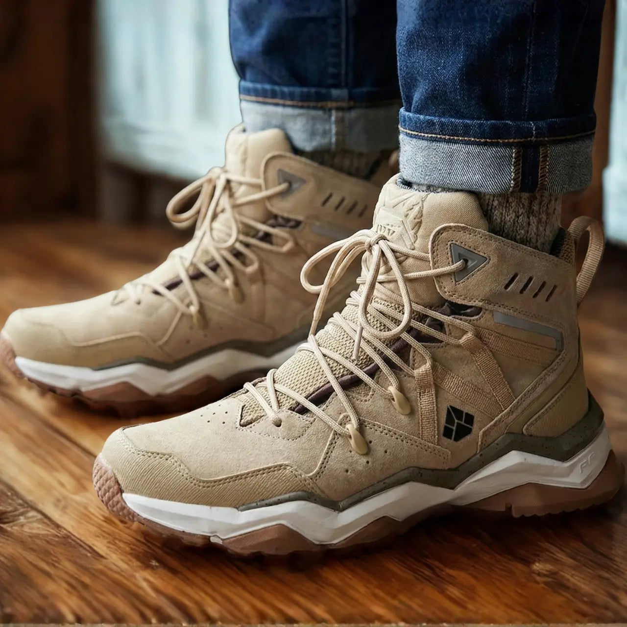 MunaWear - Hiking Shoes - Velion – Mid-Top Waterproof Hiking Shoes with Leather Design for Outdoor Adventures - Khaki / 47