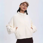 MunaWear - Hoodies & Sweatshirts - Aspen – Cropped Gilet with High Collar, Zipper Closure, and Side Pockets in Soft Polar Fleece - Cream / XL