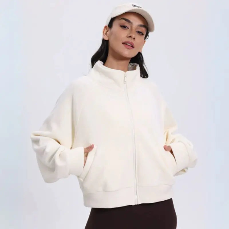 MunaWear - Hoodies & Sweatshirts - Aspen – Cropped Gilet with High Collar, Zipper Closure, and Side Pockets in Soft Polar Fleece - Cream / XL