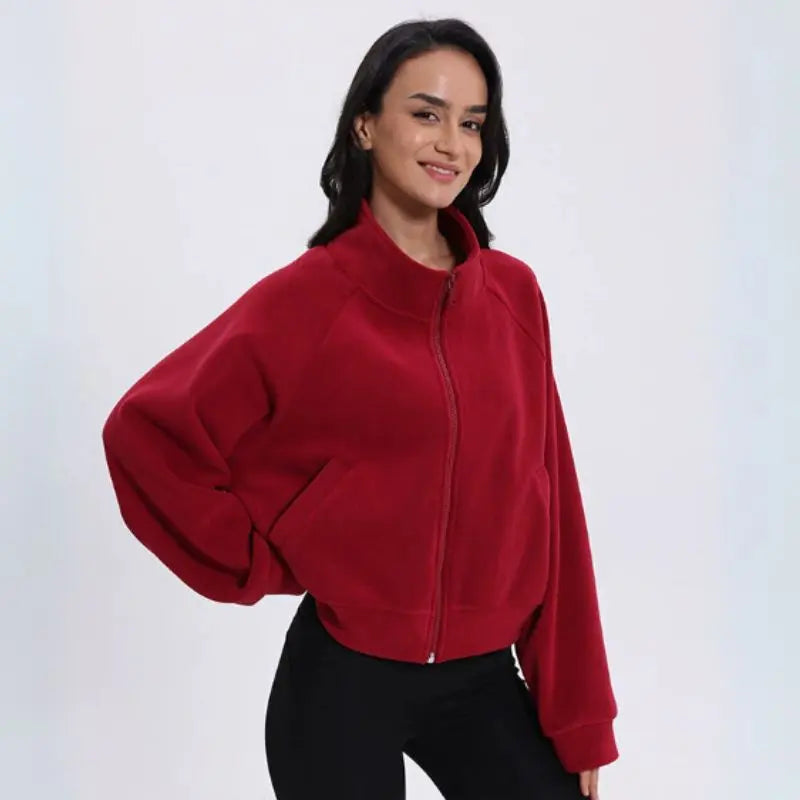 MunaWear - Hoodies & Sweatshirts - Aspen – Cropped Gilet with High Collar, Zipper Closure, and Side Pockets in Soft Polar Fleece - Red / XL