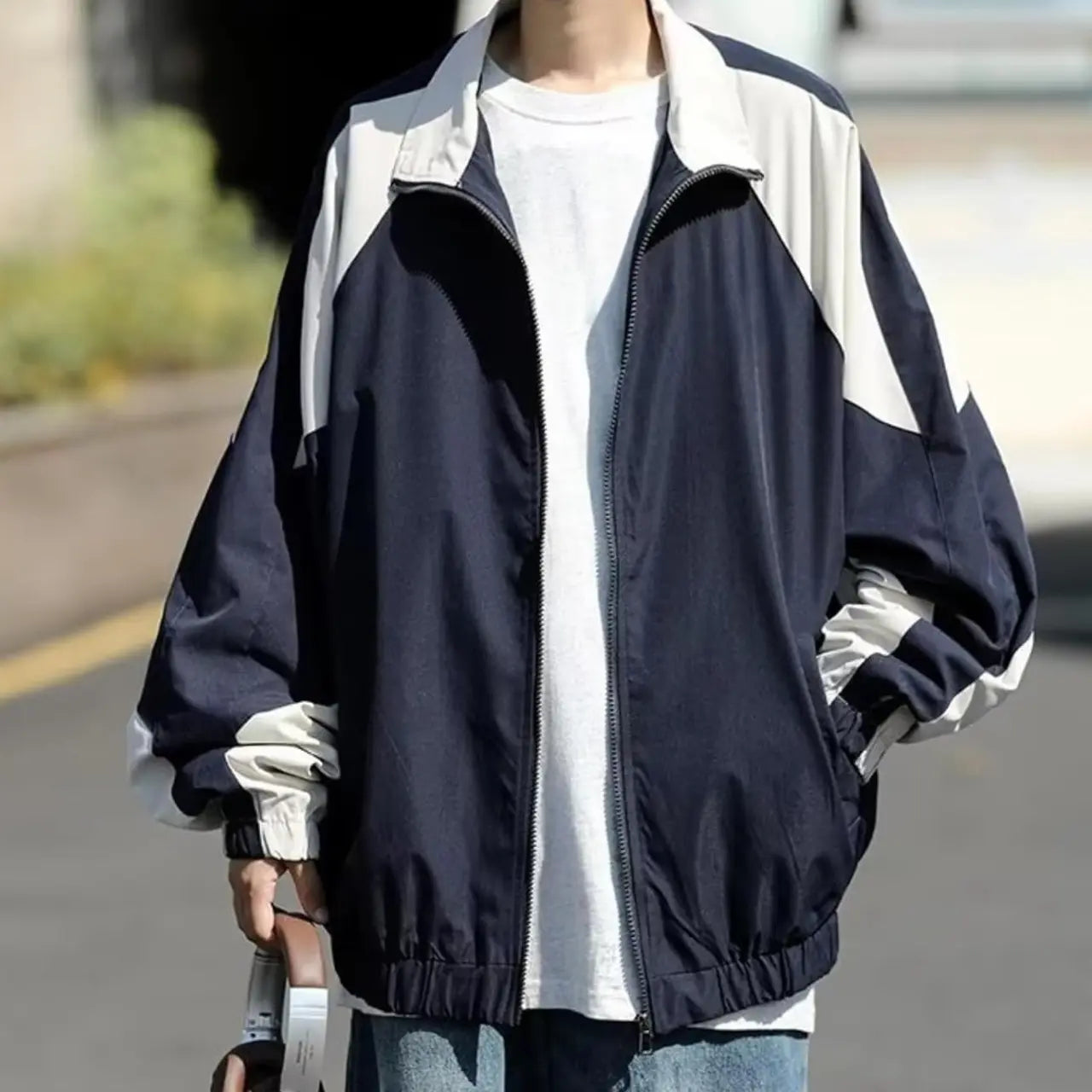 MunaWear - Hoodies & Sweatshirts - Trion - Lightweight Hip Hop Varsity Jacket with Unique Patchwork Design for Men and Women - Navy Blue