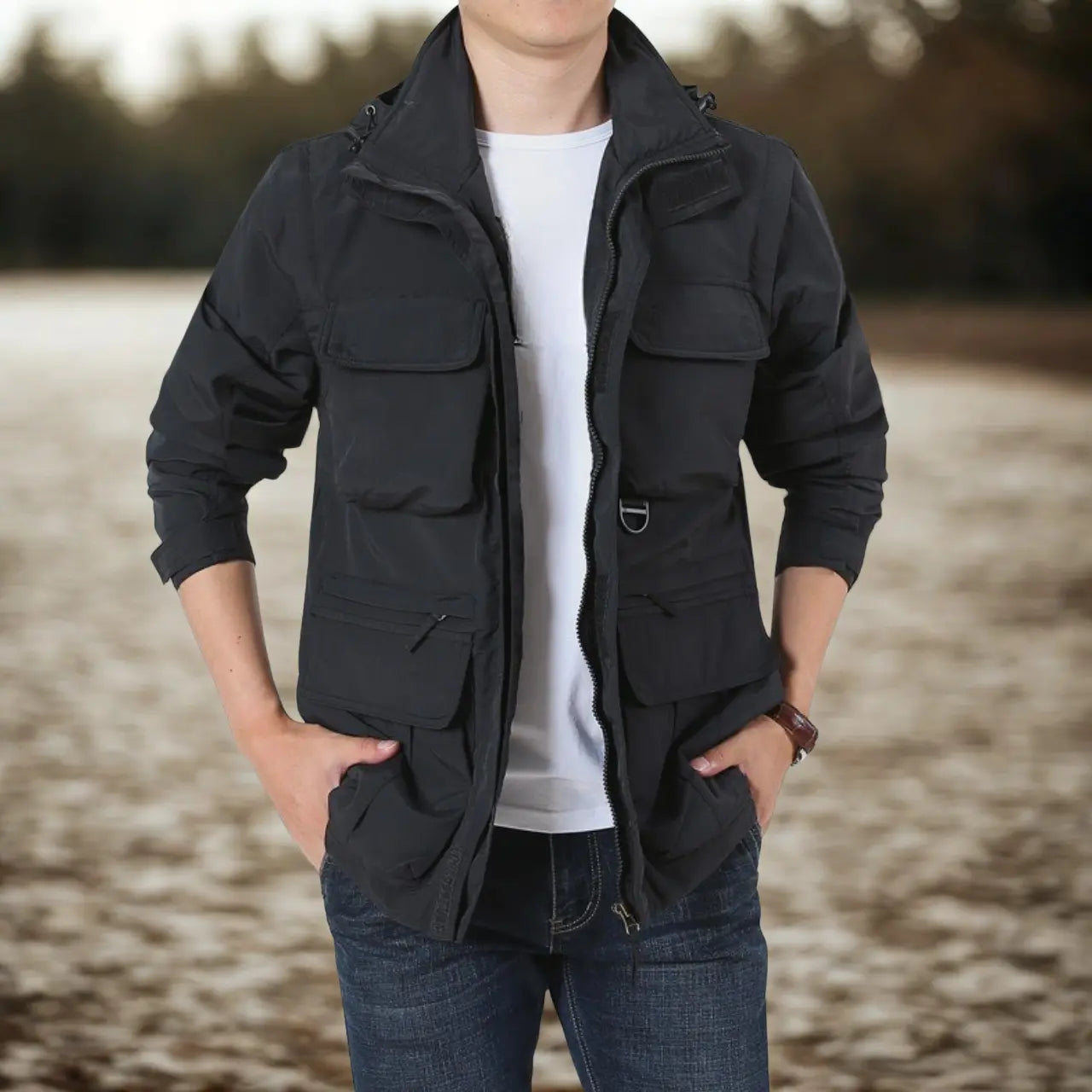 MunaWear - Jackets - Brooks – Detachable Windproof Hooded Jacket with Multi-Pocket Design for Outdoor Activities - Black / 5XL