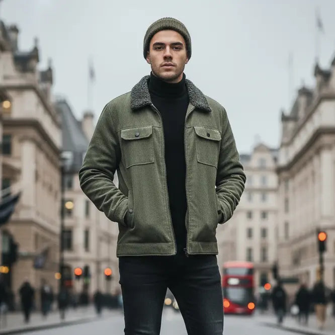 MunaWear - Jackets - Caden - Classic Men's Corduroy Jacket with Fleece Lining for Casual Wear - Army Green / M