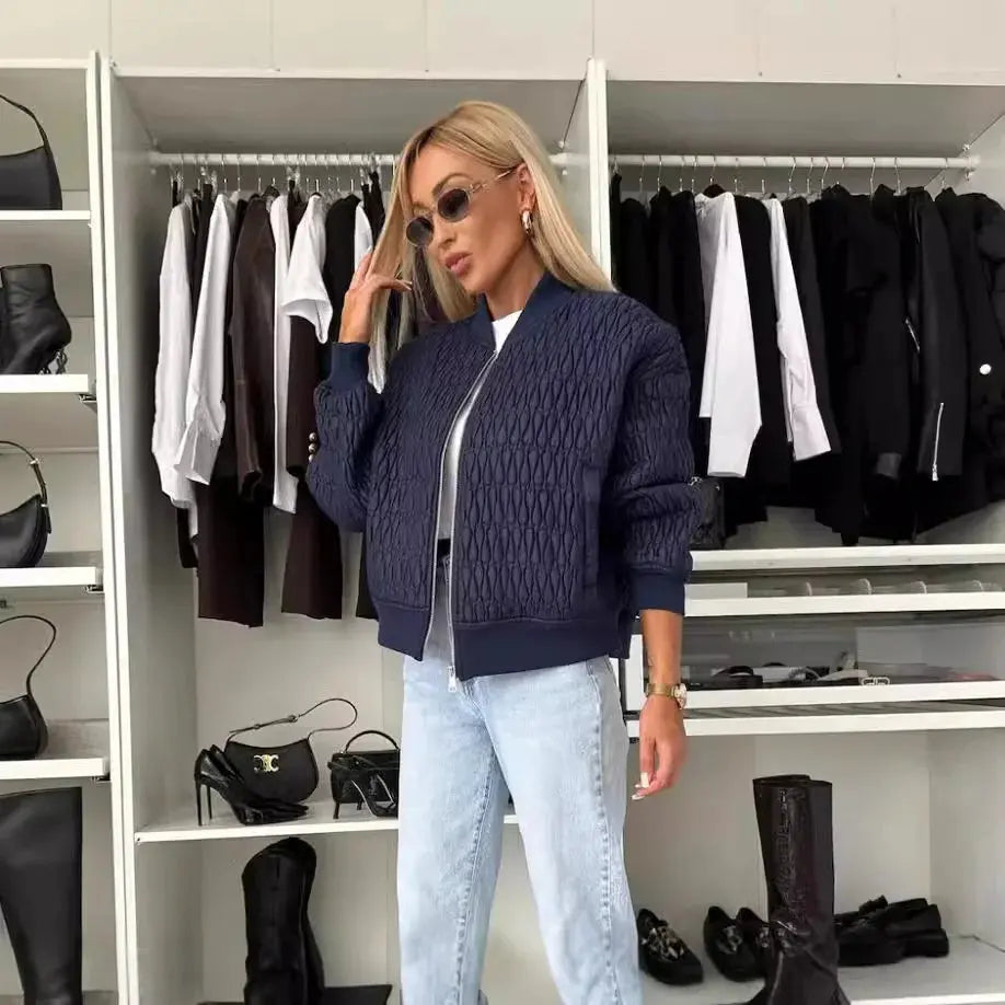 MunaWear - Jackets - Liora - Cozy Women's Quilted Jacket With Zip Front For Casual Outings And Everyday Style - Navy Blue / 2XL