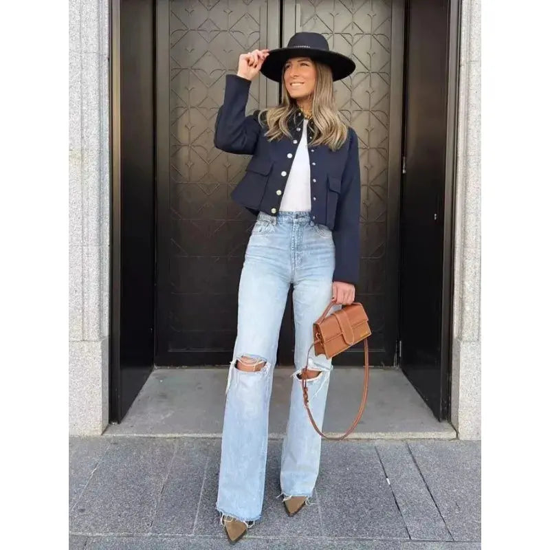 MunaWear - Jackets - Liora - Modern Women's Jacket With Cropped Fit And Button Front For Casual And All-Season Style - 