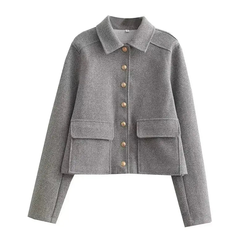 MunaWear - Jackets - Liora - Modern Women's Jacket With Cropped Fit And Button Front For Casual And All-Season Style - Grey / L
