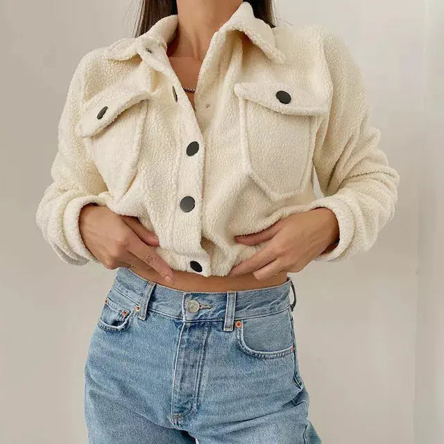 MunaWear - Jackets - Liora - Stylish Women's Jacket With Cropped Design And Button Front For Casual Streetwear - Beige / 3XL