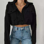 MunaWear - Jackets - Liora - Stylish Women's Jacket With Cropped Design And Button Front For Casual Streetwear - Black / 3XL