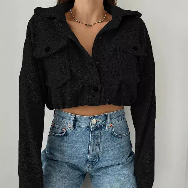 MunaWear - Jackets - Liora - Stylish Women's Jacket With Cropped Design And Button Front For Casual Streetwear - Black / 3XL