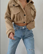 MunaWear - Jackets - Liora - Stylish Women's Jacket With Cropped Design And Button Front For Casual Streetwear - Brown / 3XL