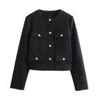 MunaWear - Jackets - Liora - Trendy Women's Cropped Bomber Jacket With Round Neck For Casual Street Style - Black / L