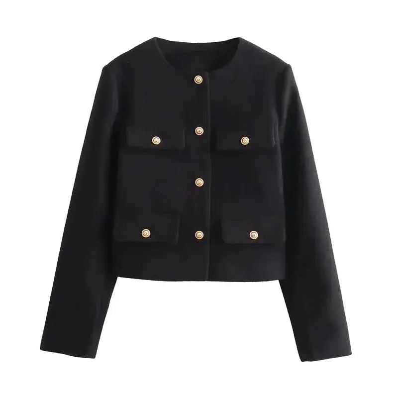 MunaWear - Jackets - Liora - Trendy Women's Cropped Bomber Jacket With Round Neck For Casual Street Style - Black / L