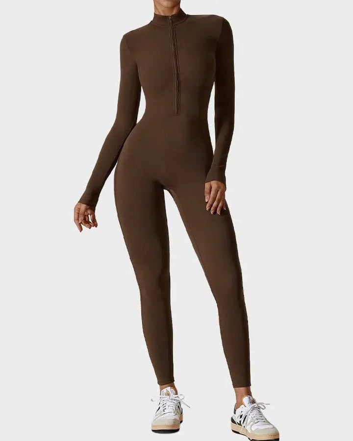 MunaWear  Jumpsuits  Maya – Shaping Yoga & Pilates Jumpsuit with Front Zipper and Breathable Comfort  Brown-M