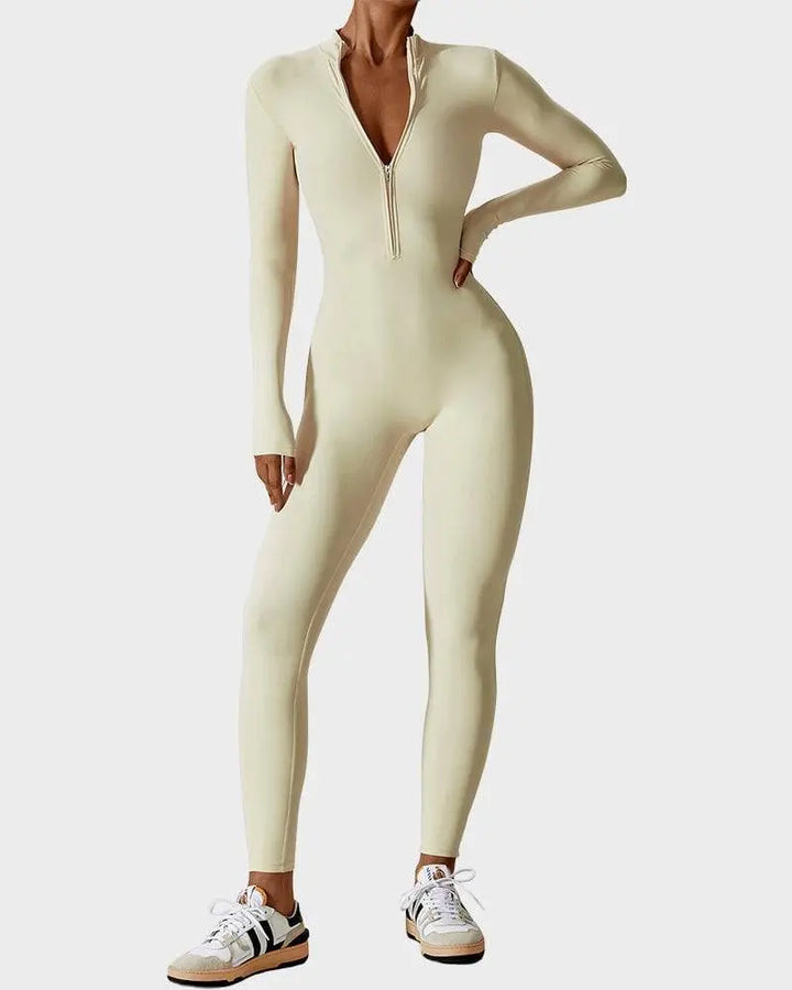 MunaWear  Jumpsuits  Maya – Shaping Yoga & Pilates Jumpsuit with Front Zipper and Breathable Comfort  Cream-XL