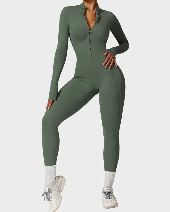 MunaWear  Jumpsuits  Maya – Shaping Yoga & Pilates Jumpsuit with Front Zipper and Breathable Comfort  Green-XL