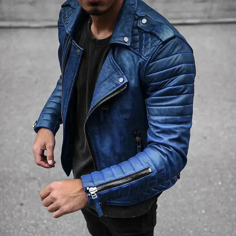 MunaWear - Leather Jacket - Caden - Classic Men's Jacket With Timeless Design For All Occasions - Blue / 4XL