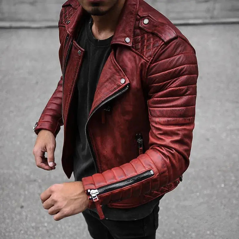 MunaWear - Leather Jacket - Caden - Classic Men's Jacket With Timeless Design For All Occasions - Red / 4XL