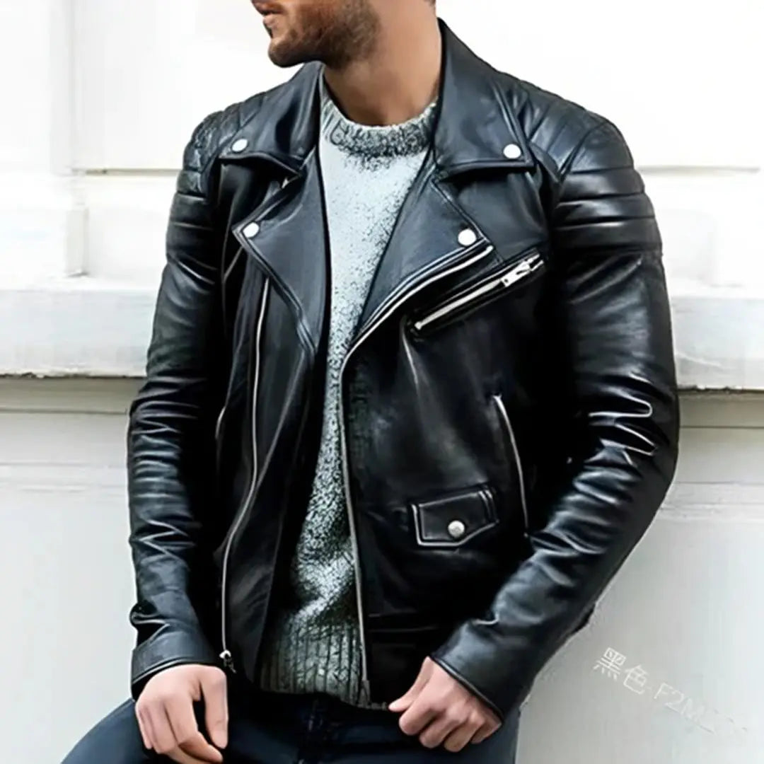 MunaWear - Leather Jacket - Caden - Classic Men's Leather Biker Jacket With Wide Lapel For Casual Wear - Black / 3XL