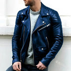 MunaWear - Leather Jacket - Caden - Classic Men's Leather Biker Jacket With Wide Lapel For Casual Wear - Blue / 3XL
