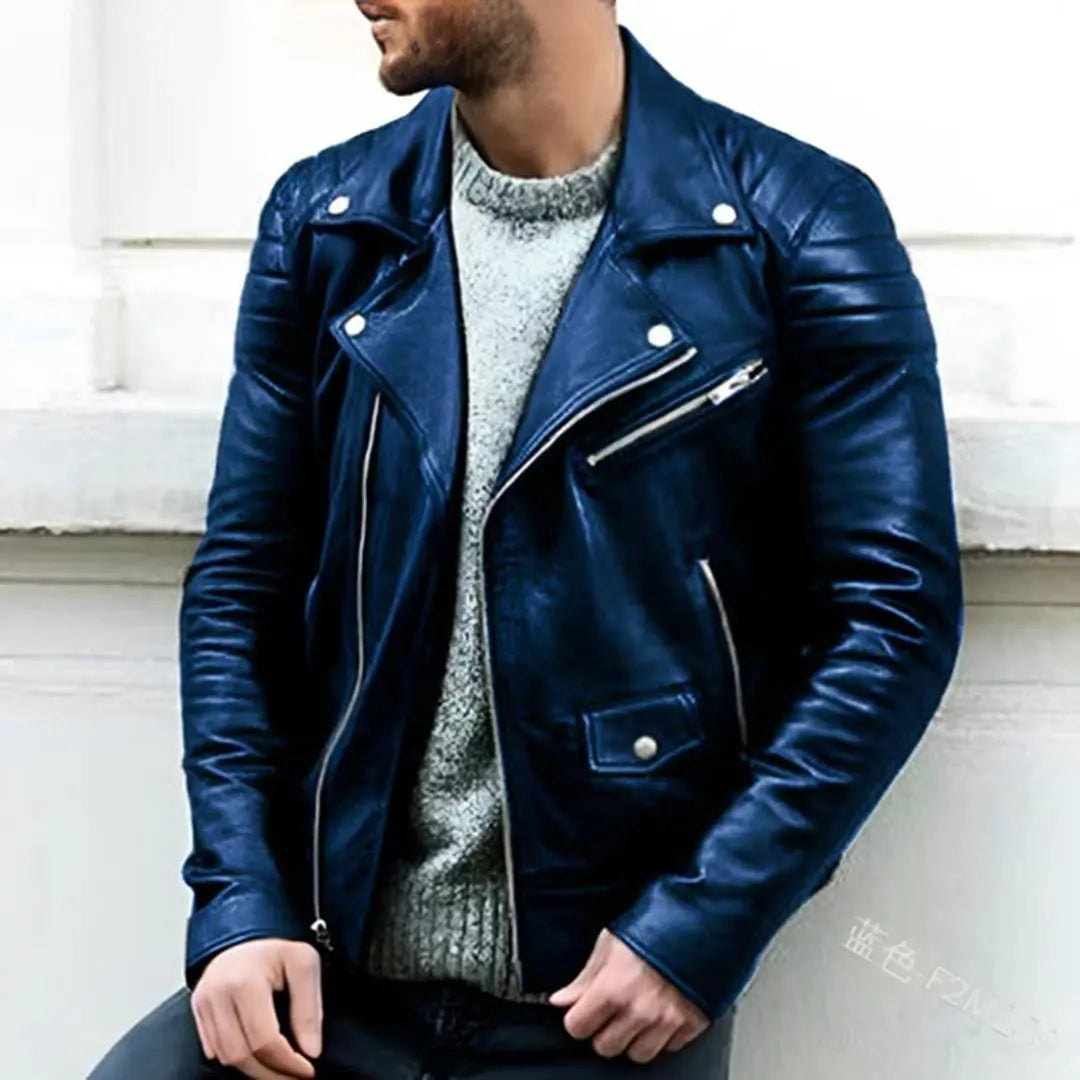 MunaWear - Leather Jacket - Caden - Classic Men's Leather Biker Jacket With Wide Lapel For Casual Wear - Blue / 3XL