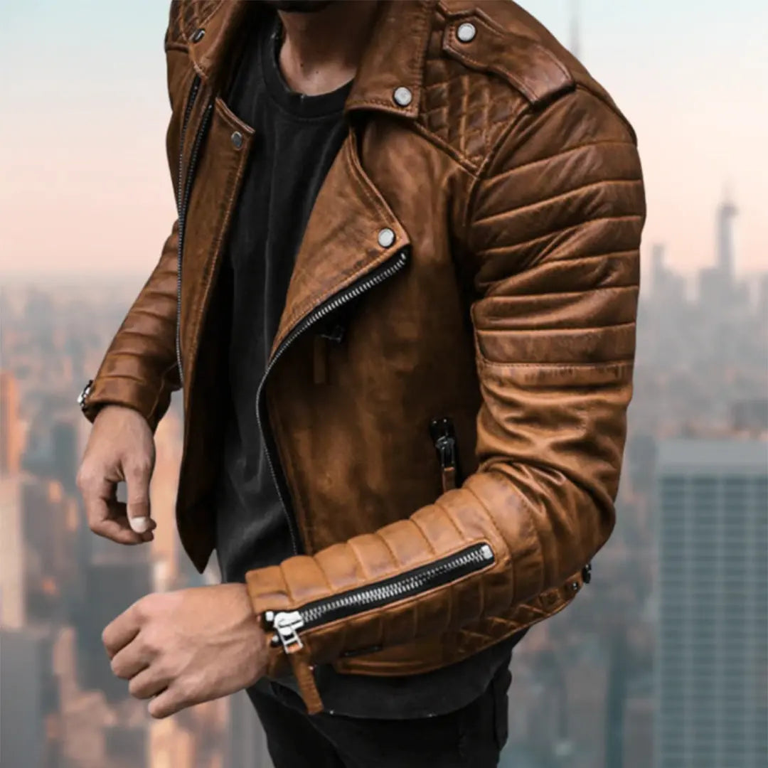 MunaWear - Leather Jacket - Caden - Classic Men's Leather Biker Jacket With Wide Lapel For Casual Wear - Brown / 3XL
