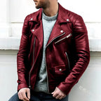 MunaWear - Leather Jacket - Caden - Classic Men's Leather Biker Jacket With Wide Lapel For Casual Wear - Burgundy / 3XL