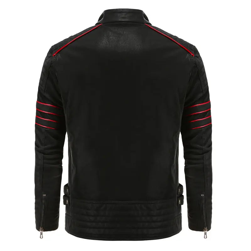 MunaWear - Leather Jacket - Caden - Stylish Men's Leather Biker Jacket With Red Stripe Accents For Casual Outings And Edgy Looks - 