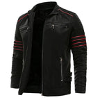 MunaWear - Leather Jacket - Caden - Stylish Men's Leather Biker Jacket With Red Stripe Accents For Casual Outings And Edgy Looks - Black / 3XL