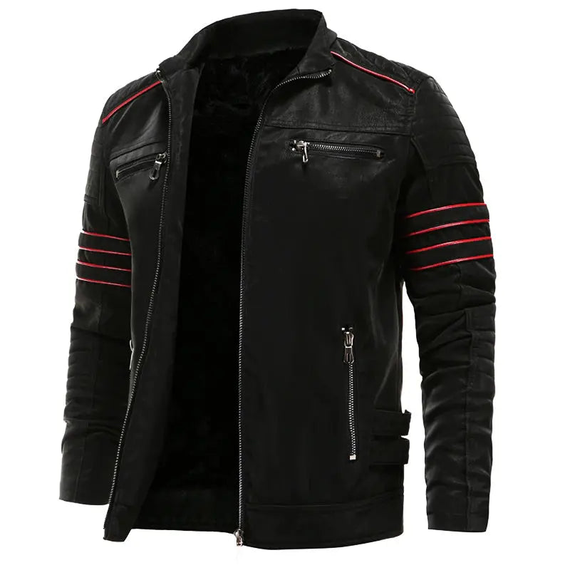 MunaWear - Leather Jacket - Caden - Stylish Men's Leather Biker Jacket With Red Stripe Accents For Casual Outings And Edgy Looks - Black / 3XL