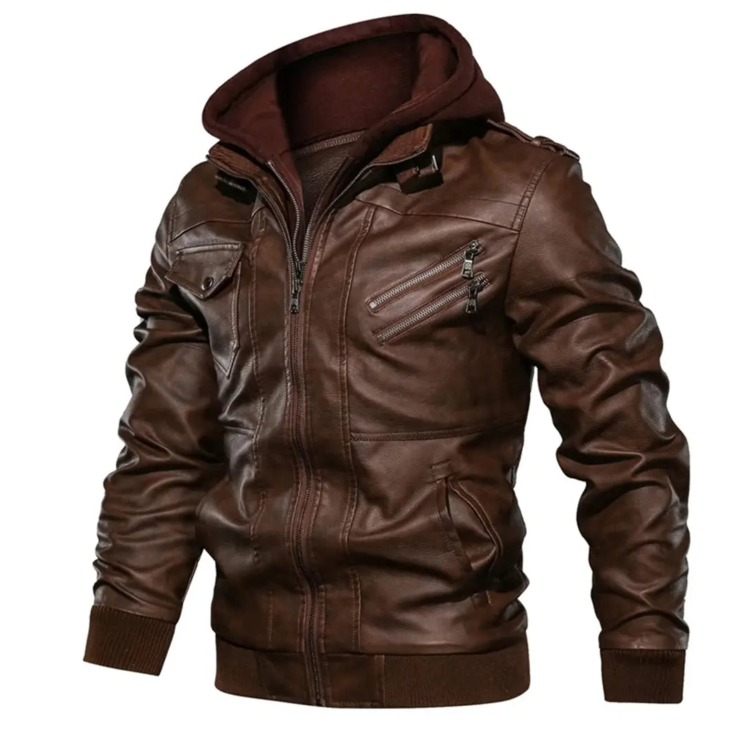 MunaWear - Leather Jacket - Caden - Stylish Men's Leather Jacket With Double-Layer Hood For Urban Adventures - 