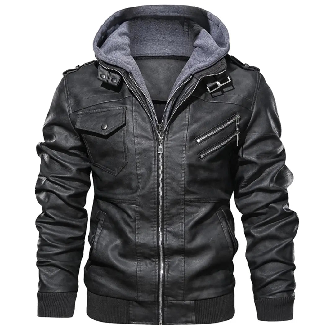 MunaWear - Leather Jacket - Caden - Stylish Men's Leather Jacket With Double-Layer Hood For Urban Adventures - 