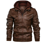 MunaWear - Leather Jacket - Caden - Stylish Men's Leather Jacket With Double-Layer Hood For Urban Adventures - Brown / 3XL