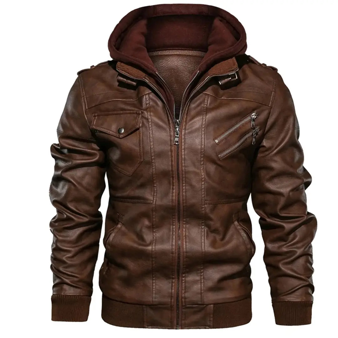 MunaWear - Leather Jacket - Caden - Stylish Men's Leather Jacket With Double-Layer Hood For Urban Adventures - Brown / 3XL