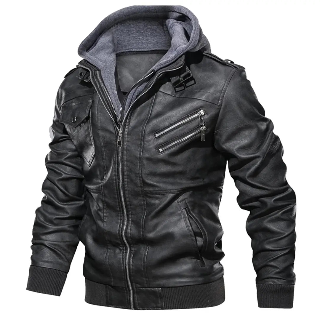 MunaWear - Leather Jacket - Caden - Stylish Men's Leather Jacket With Double-Layer Hood For Urban Adventures - Grey / 3XL