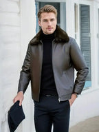 MunaWear - Leather Jacket - Caden - Stylish Men's Leather Jacket With Warm Fur Collar For Autumn And Winter - 