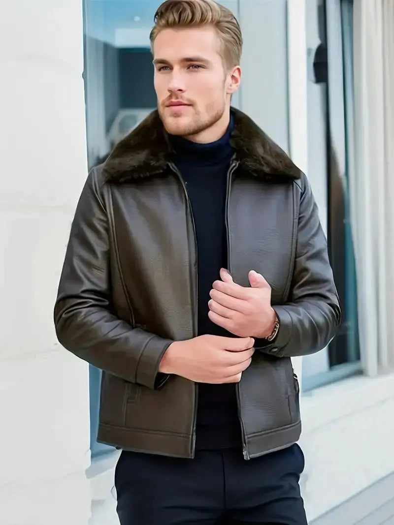 MunaWear - Leather Jacket - Caden - Stylish Men's Leather Jacket With Warm Fur Collar For Autumn And Winter - Brown / 2XL