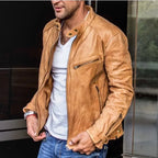 MunaWear - Leather Jacket - Caden - Tailored Men's Leather Jacket With Classic Biker Style For Casual And Formal Wear - Beige / 3XL