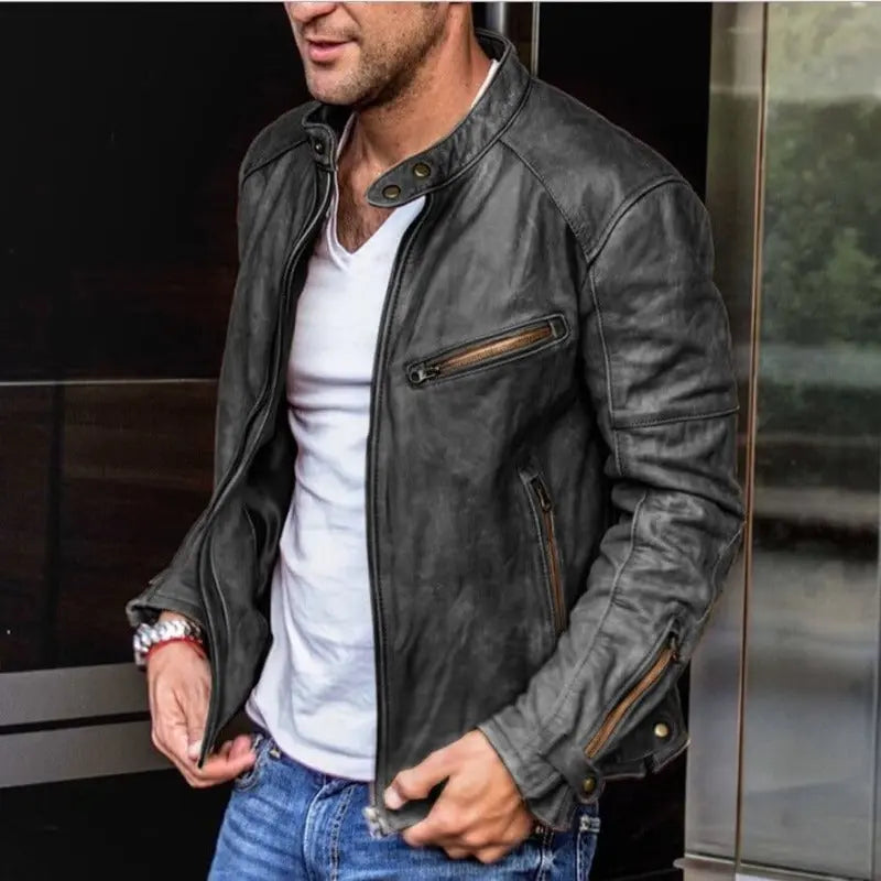 MunaWear - Leather Jacket - Caden - Tailored Men's Leather Jacket With Classic Biker Style For Casual And Formal Wear - Black / 3XL