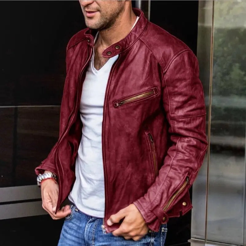 MunaWear - Leather Jacket - Caden - Tailored Men's Leather Jacket With Classic Biker Style For Casual And Formal Wear - Red / 3XL