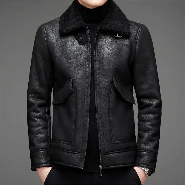 MunaWear - Leather Jacket - Rowan - Stylish Men's Jacket With Fleece Lining For Autumn And Winter - Black / 2XL