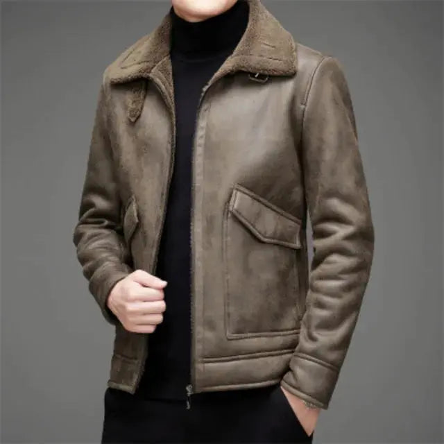MunaWear - Leather Jacket - Rowan - Stylish Men's Jacket With Fleece Lining For Autumn And Winter - Brown / 2XL