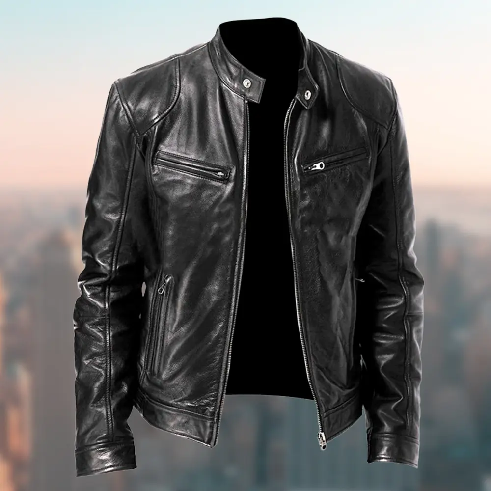 Caden - Sleek Men's Leather Jacket With Stand Collar For Casual Outings 0