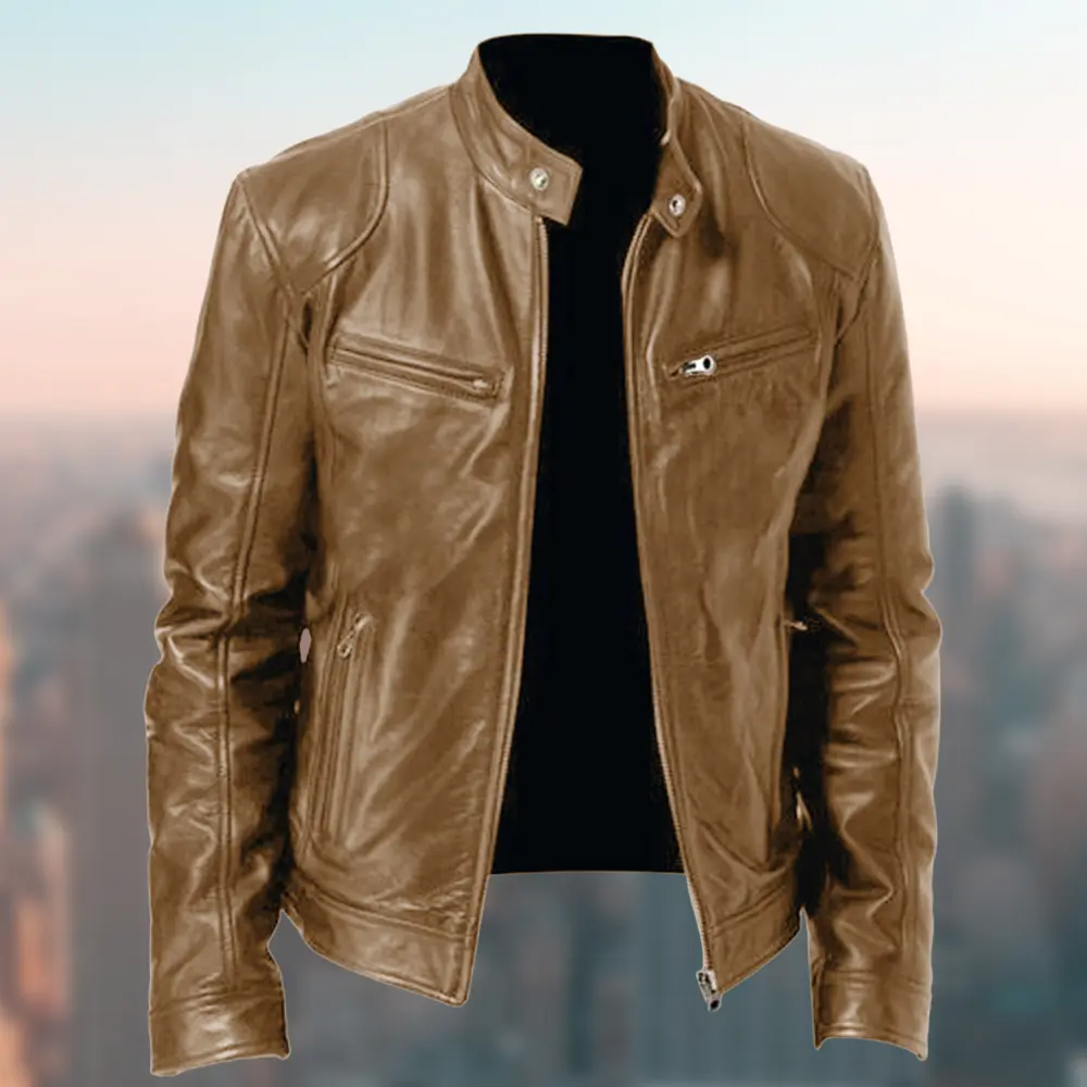 Caden - Sleek Men's Leather Jacket With Stand Collar For Casual Outings 3